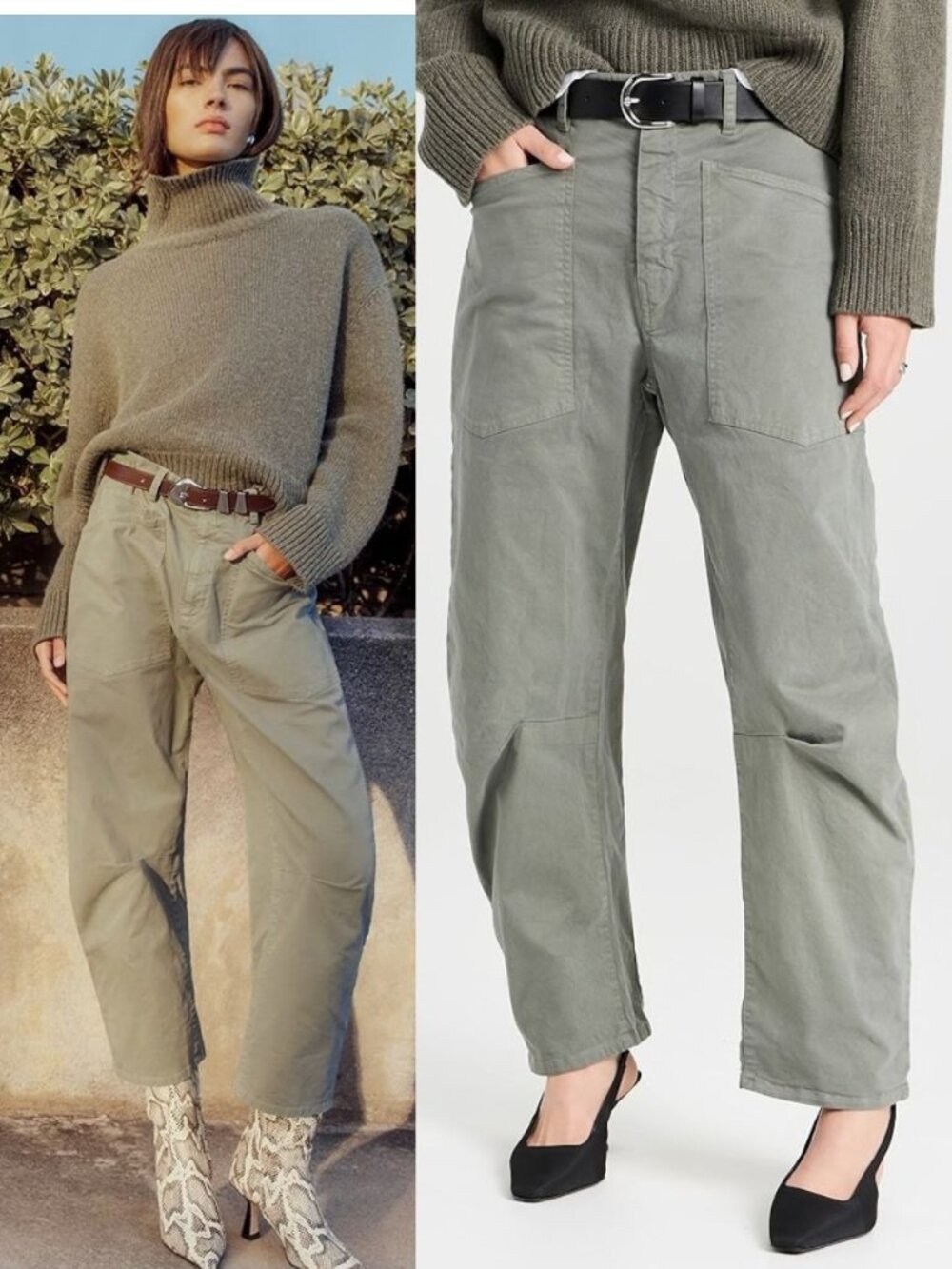 Nili Lotan Shon Pant Admiral Green Barrel Cotton Twill Cropped Ankle Size 8